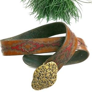 Exquisite Vintage Tooled Leather Belt Brass Buckle